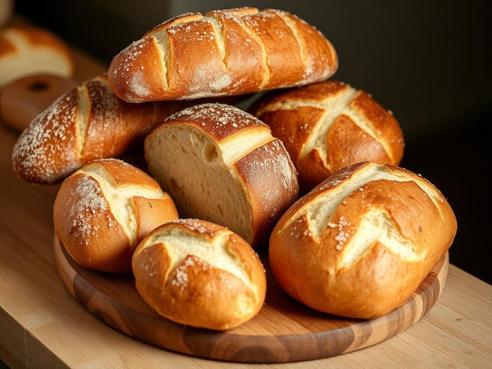Freshly baked artisan bread loaves and buns