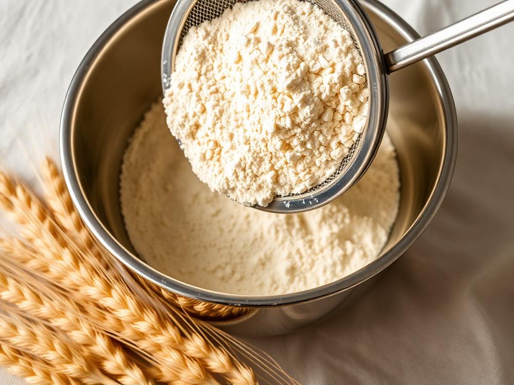 Wheat flour being sifted into a stainless bowl