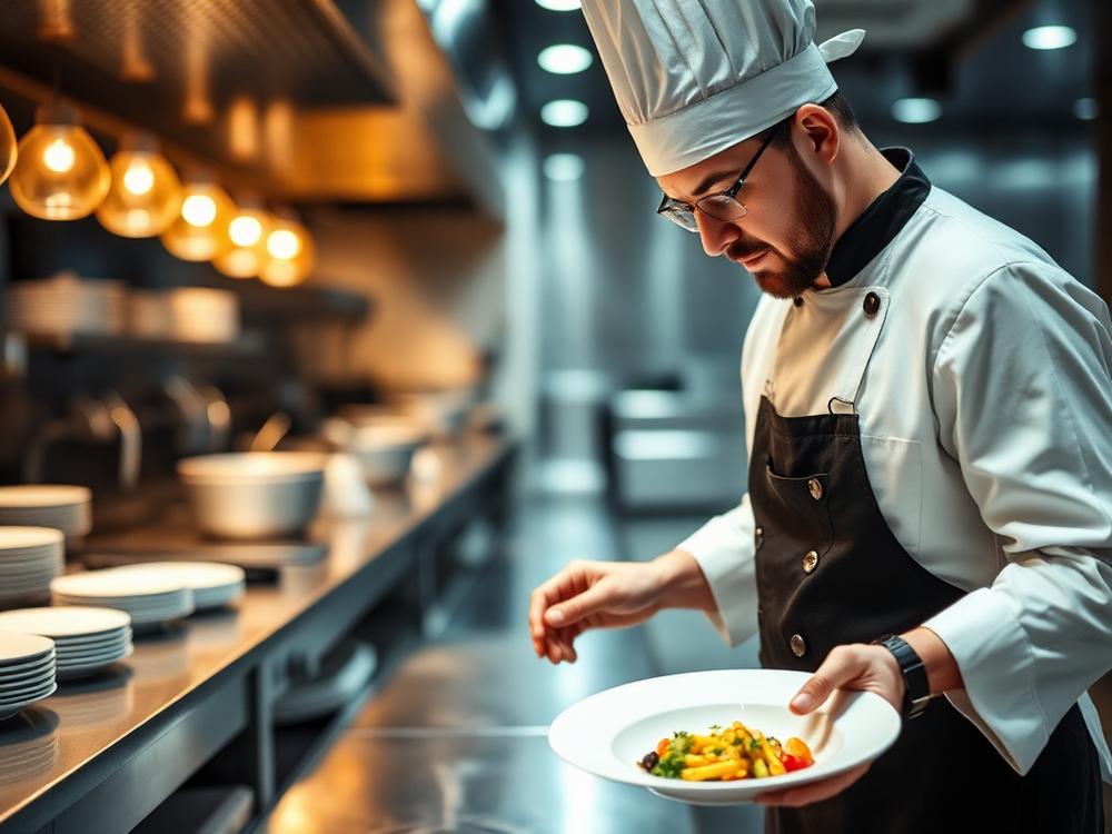 Professional chef plating food in a hotel kitchen