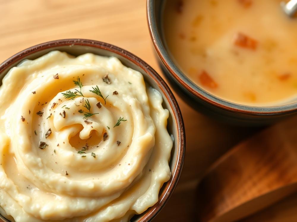 Bowl of mashed potatoes and a bowl of thick soup