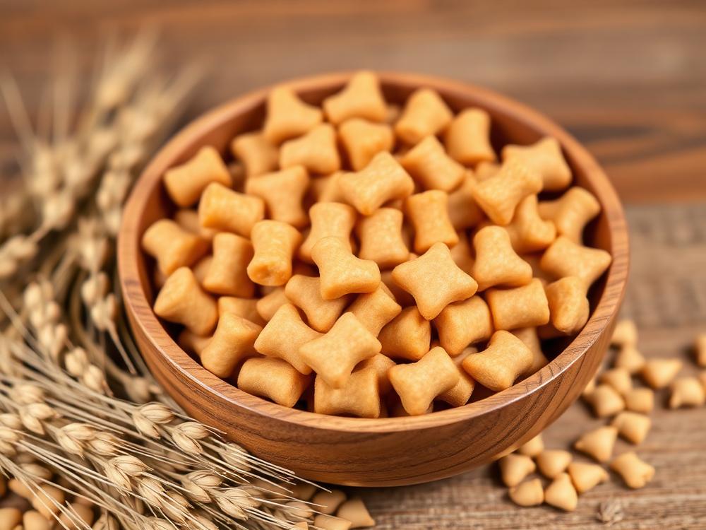 Extruded pet food kibble in a wooden bowl