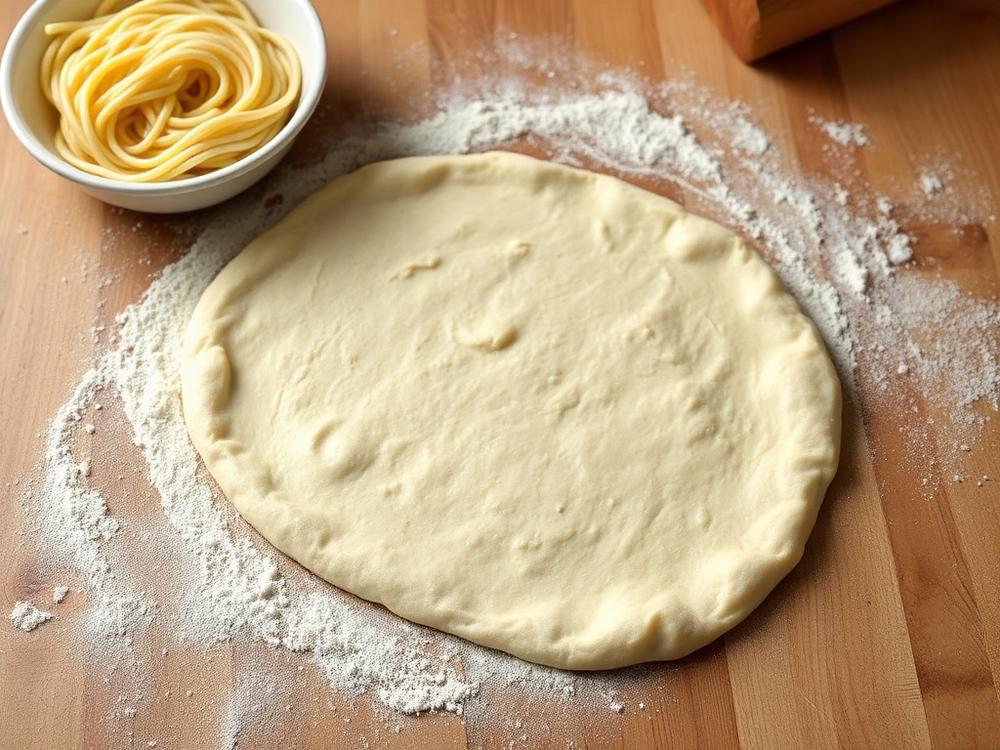 Fresh pizza dough being stretched with noodles beside it