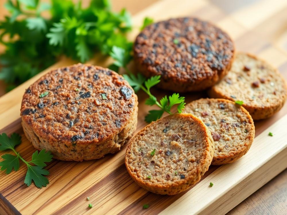 Plant-based meat alternative patties on a wooden board