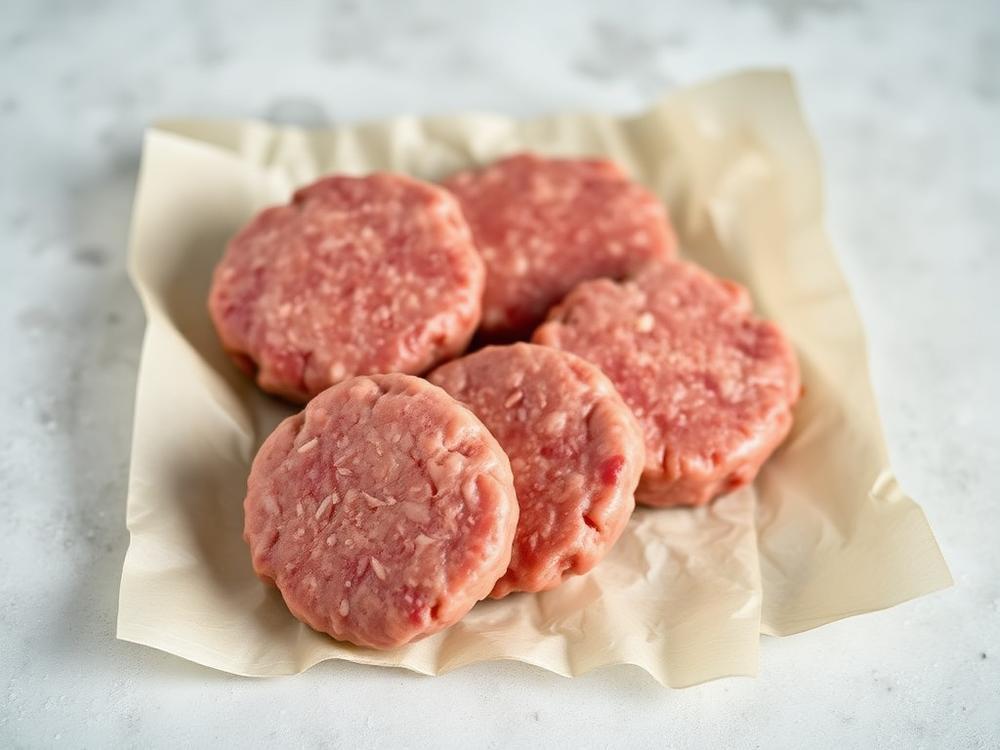 Frozen processed meat patties on parchment