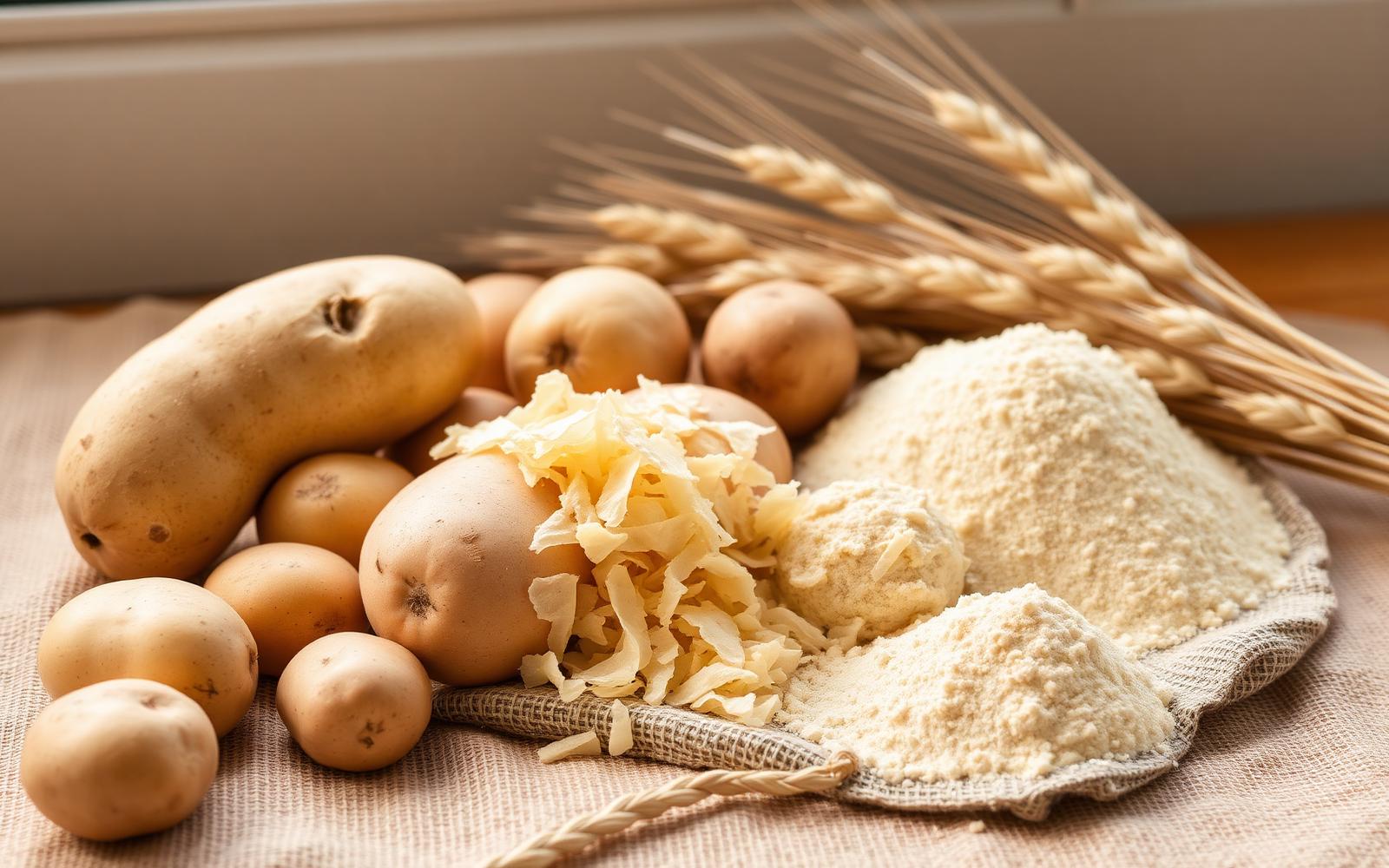 Editorial arrangement of whole potatoes, wheat sheaves and small mounds of potato flakes and wheat gluten powder