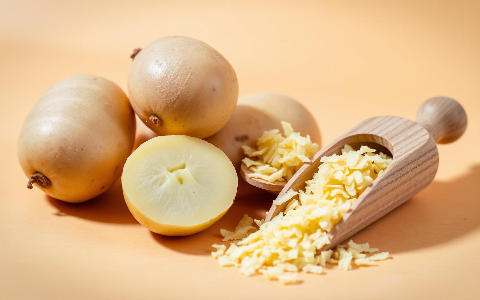 Selected potatoes with a wooden scoop of dehydrated potato flakes