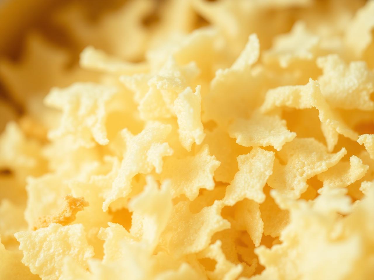Extreme close-up of creamish white dehydrated potato flakes