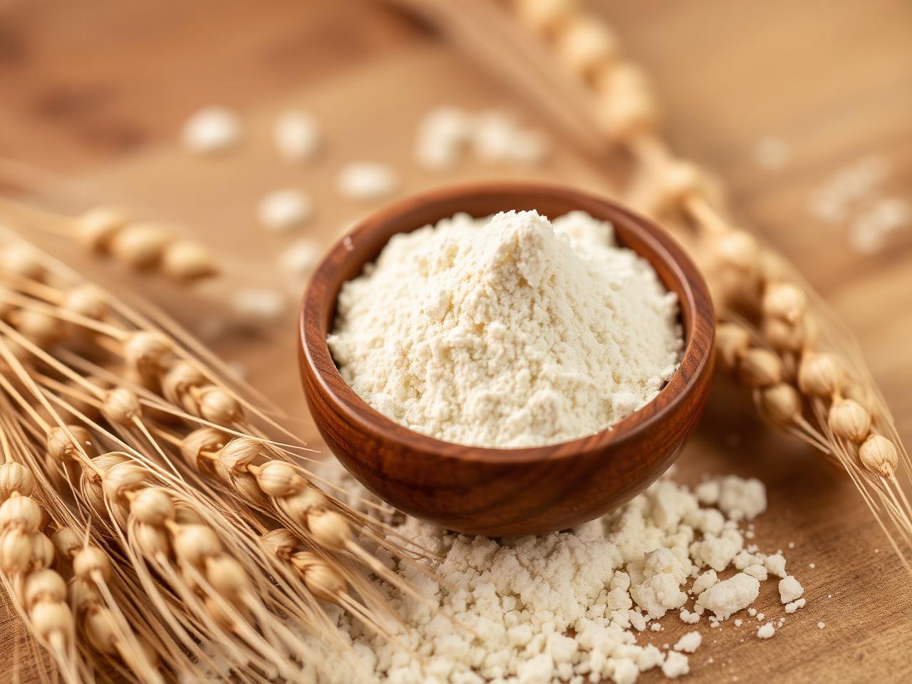 Light creamy vital wheat gluten powder in a wooden bowl beside wheat heads